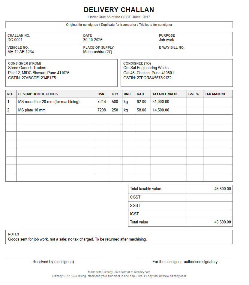 Filled delivery challan format example: job work challan DC-0001 with consigner, consignee, HSN, quantity, taxable value and three-copy marking