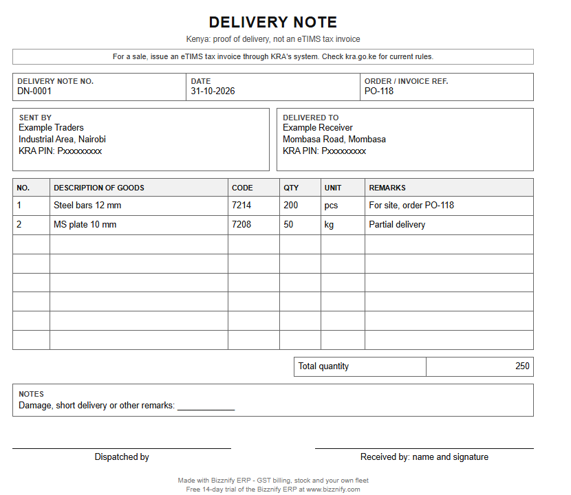 Filled delivery note example for Kenya: steel bars and plate sent with a delivery note number, quantities, remarks and signature lines