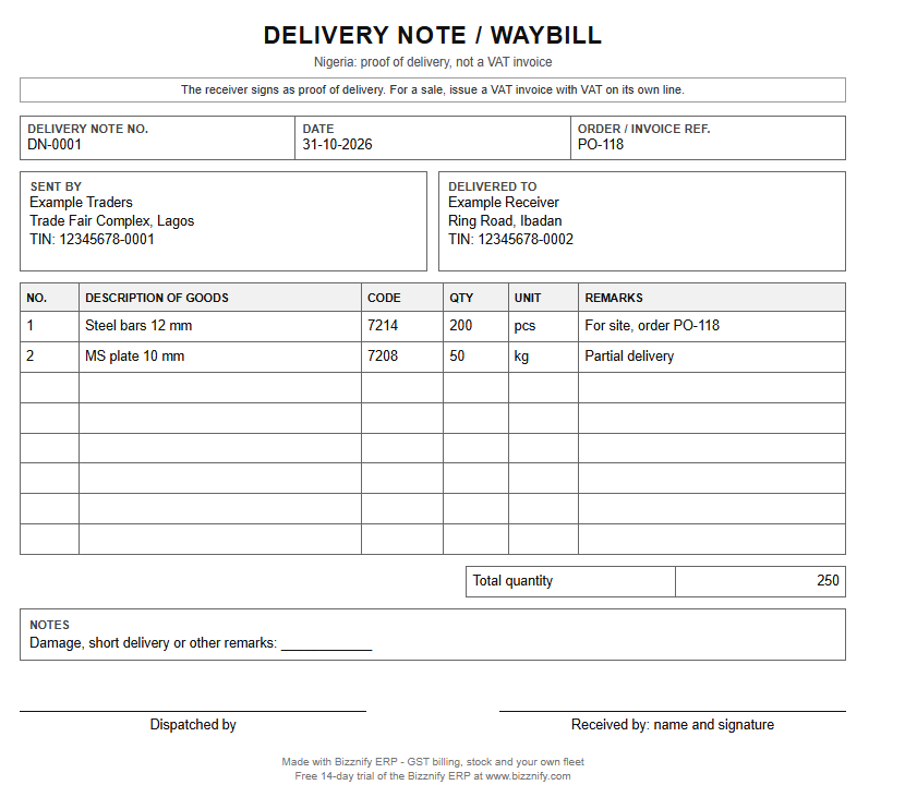 Filled delivery note example for Nigeria: steel bars and plate sent with a delivery note number, quantities, remarks and signature lines