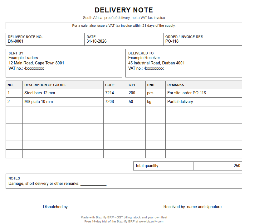 Filled delivery note example for South Africa: steel bars and plate sent with a delivery note number, quantities, remarks and signature lines