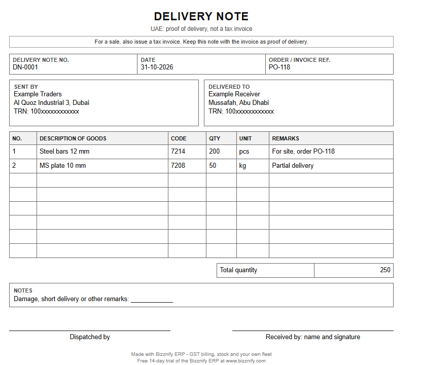 Filled delivery note example for UAE: steel bars and plate sent with a delivery note number, quantities, remarks and signature lines