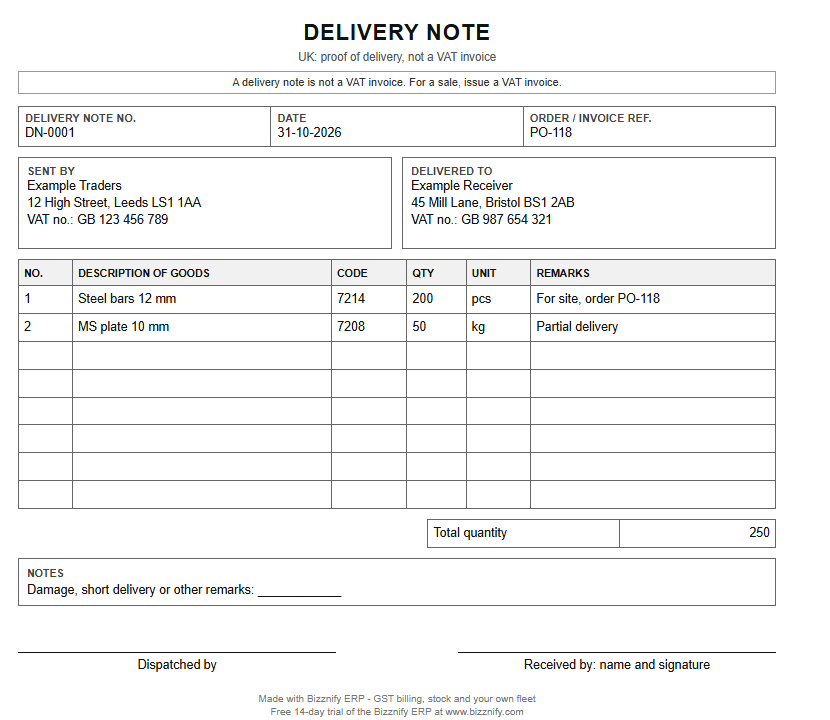 Filled delivery note example for UK: steel bars and plate sent with a delivery note number, quantities, remarks and signature lines