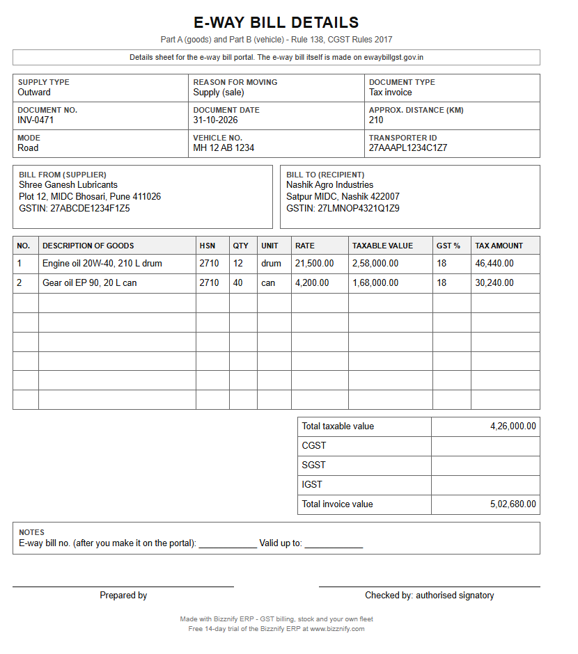 Filled e-way bill details sheet example: outward supply of engine oil with supplier, recipient, HSN, taxable value, GST and vehicle details