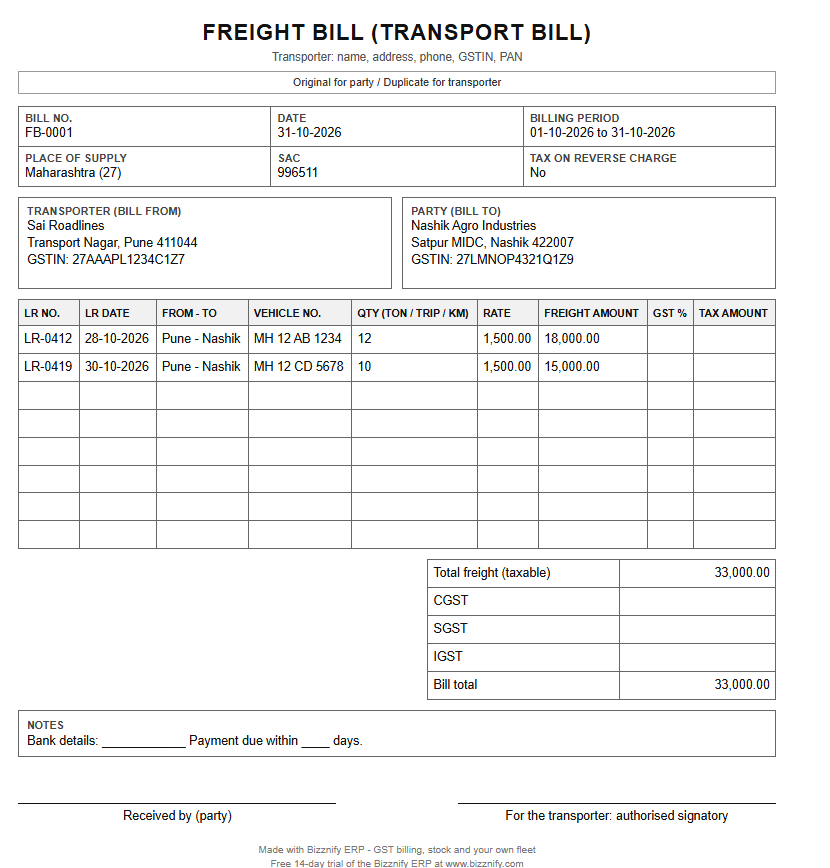 Filled freight bill format example: bill FB-0001 for two LRs from Pune to Nashik with vehicle, quantity, rate, freight amount and totals