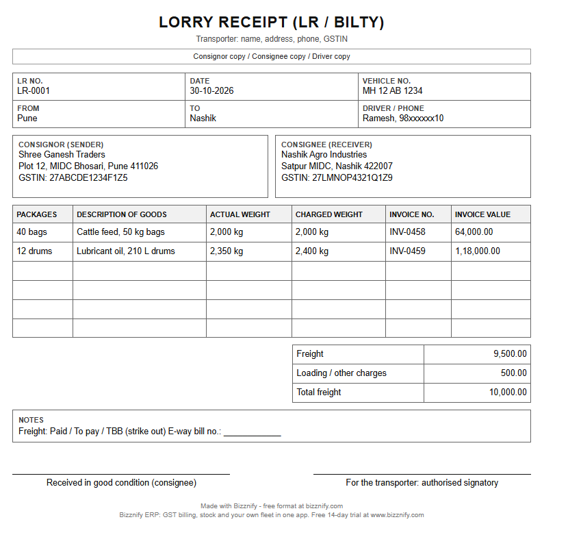 Filled LR bilty format example: lorry receipt LR-0001 from Pune to Nashik with consignor, consignee, packages, weights and freight