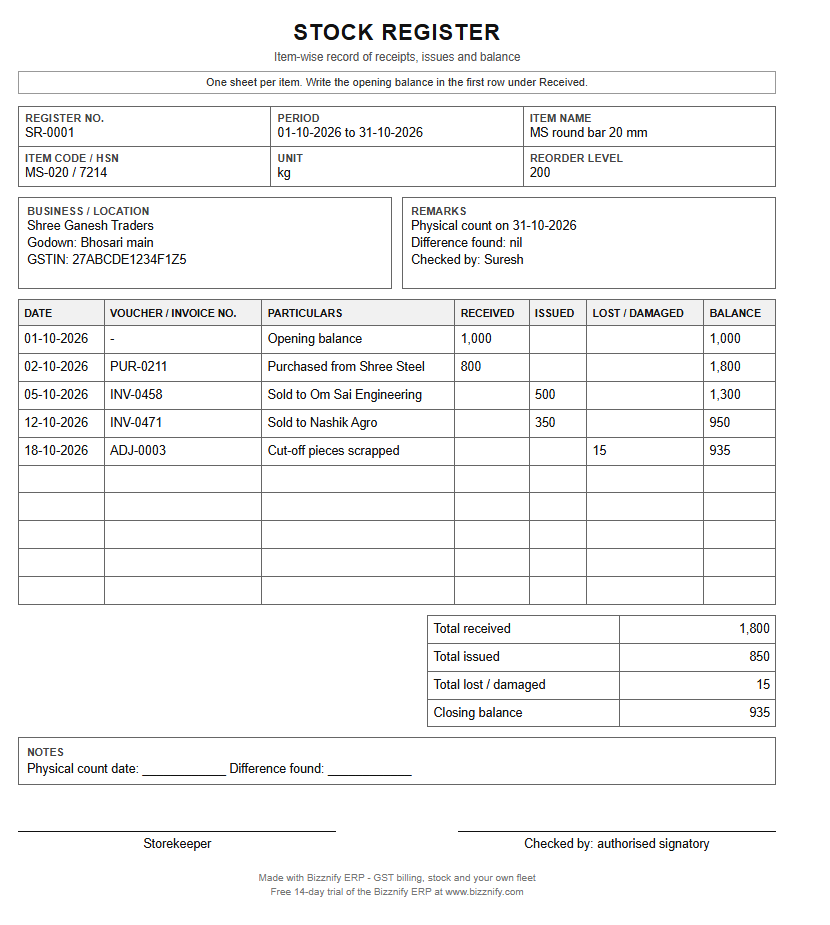 Filled stock register format example: MS round bar with opening balance, purchase, two sales and a scrap entry, with the running balance after each row